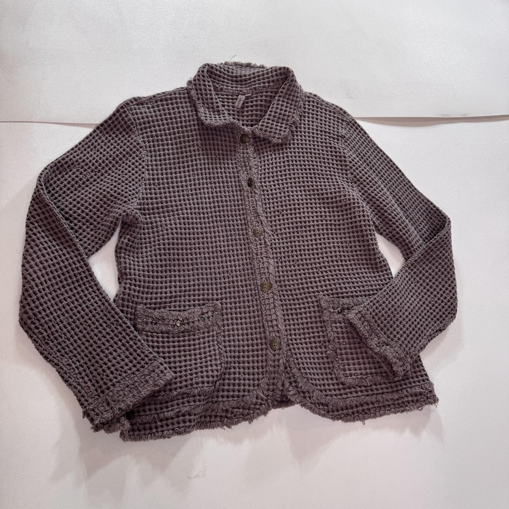 Focus Cardigan Sweater Womens Medium Purple Waffle Knit‎ Button Front Pockets